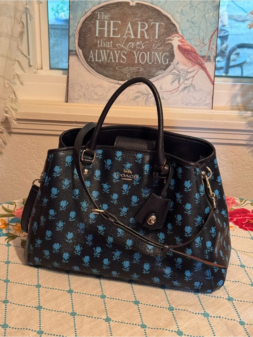 Coach midnight blue Satchel with Blue California poppies in beautiful condition